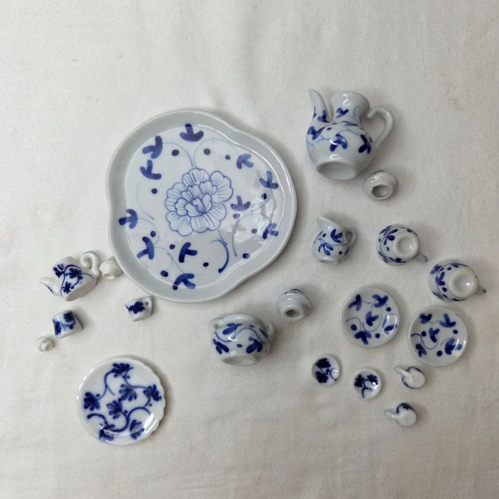 Vtg Handcrafted Thailand Blue White Porcelain Miniature Tea Set 20pc Lot